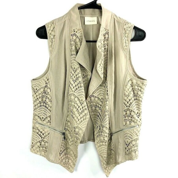 Chicos Beige Lace Contrast Waterfall Cardigan Vest - Picture 1 of 5